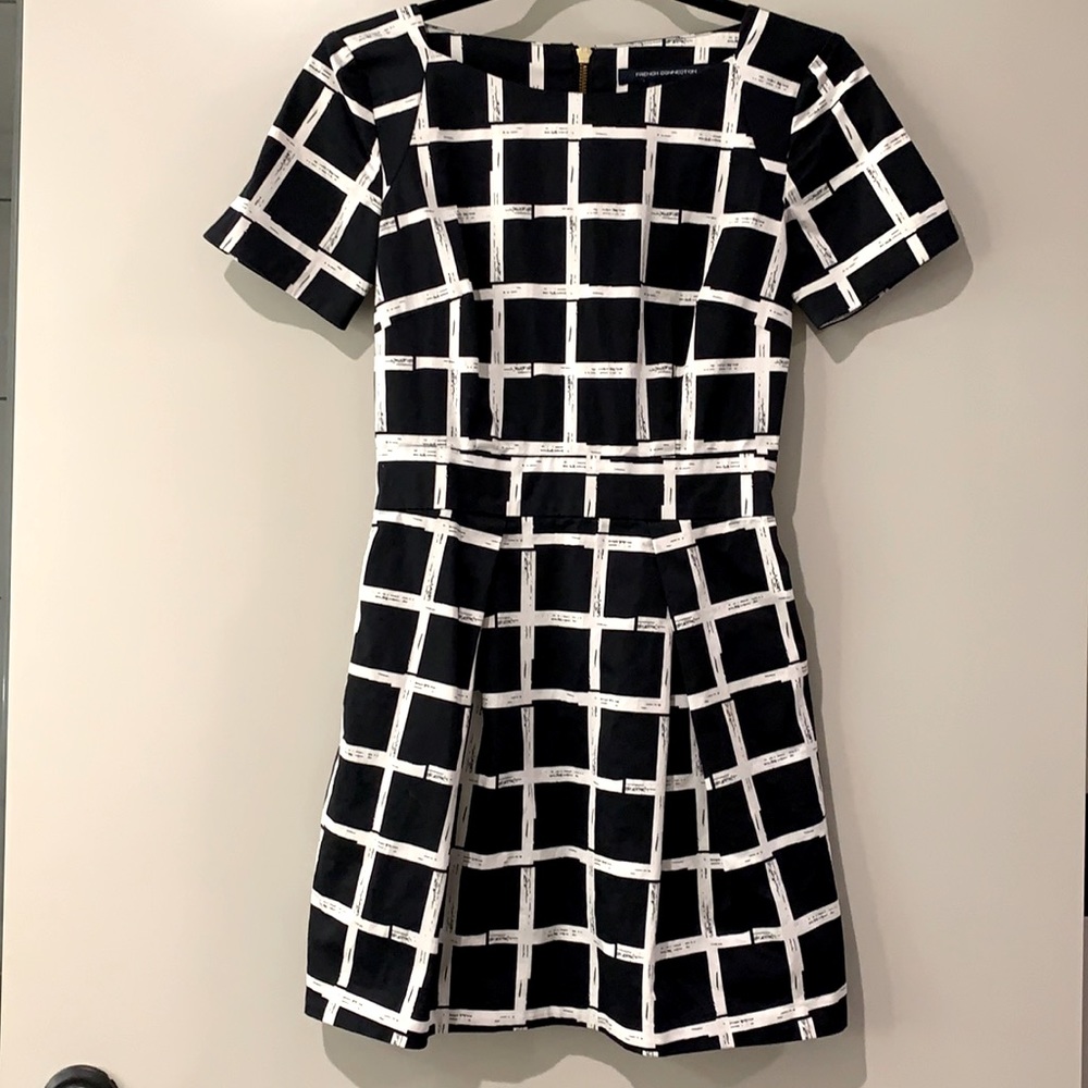 Short Black and White Square Pattern French Connection Dress - with Pockets!